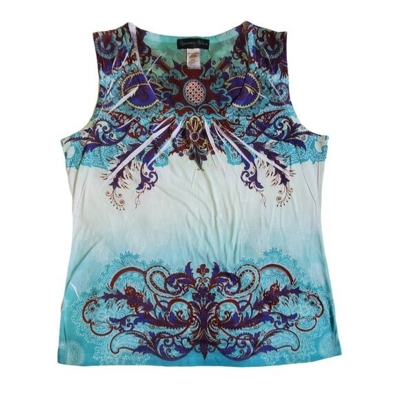 Appropriate Behavior ocean blue floral print sleeveless top sz L - Picture 1 of 11